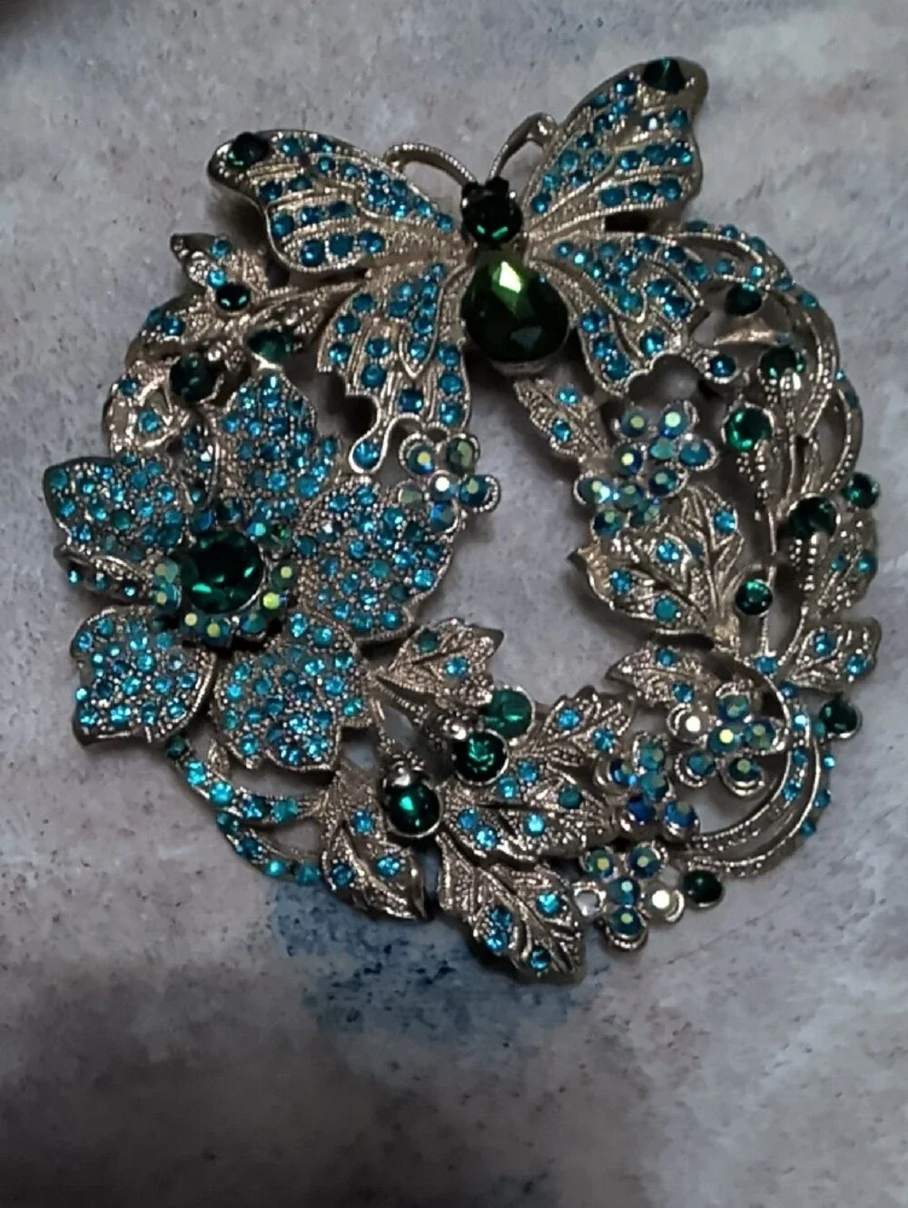 Vintage Blue & Green Crystal Butterfly Wreath Brooch 4''X3''